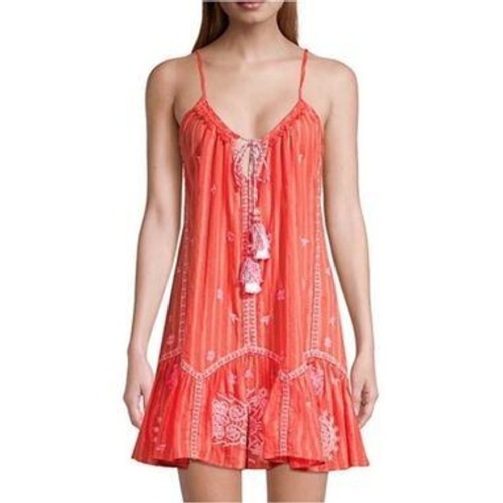 Ramy Brook Womens Embroidered Lurex Coral Boho Tassel Coverup Dress Size XS
